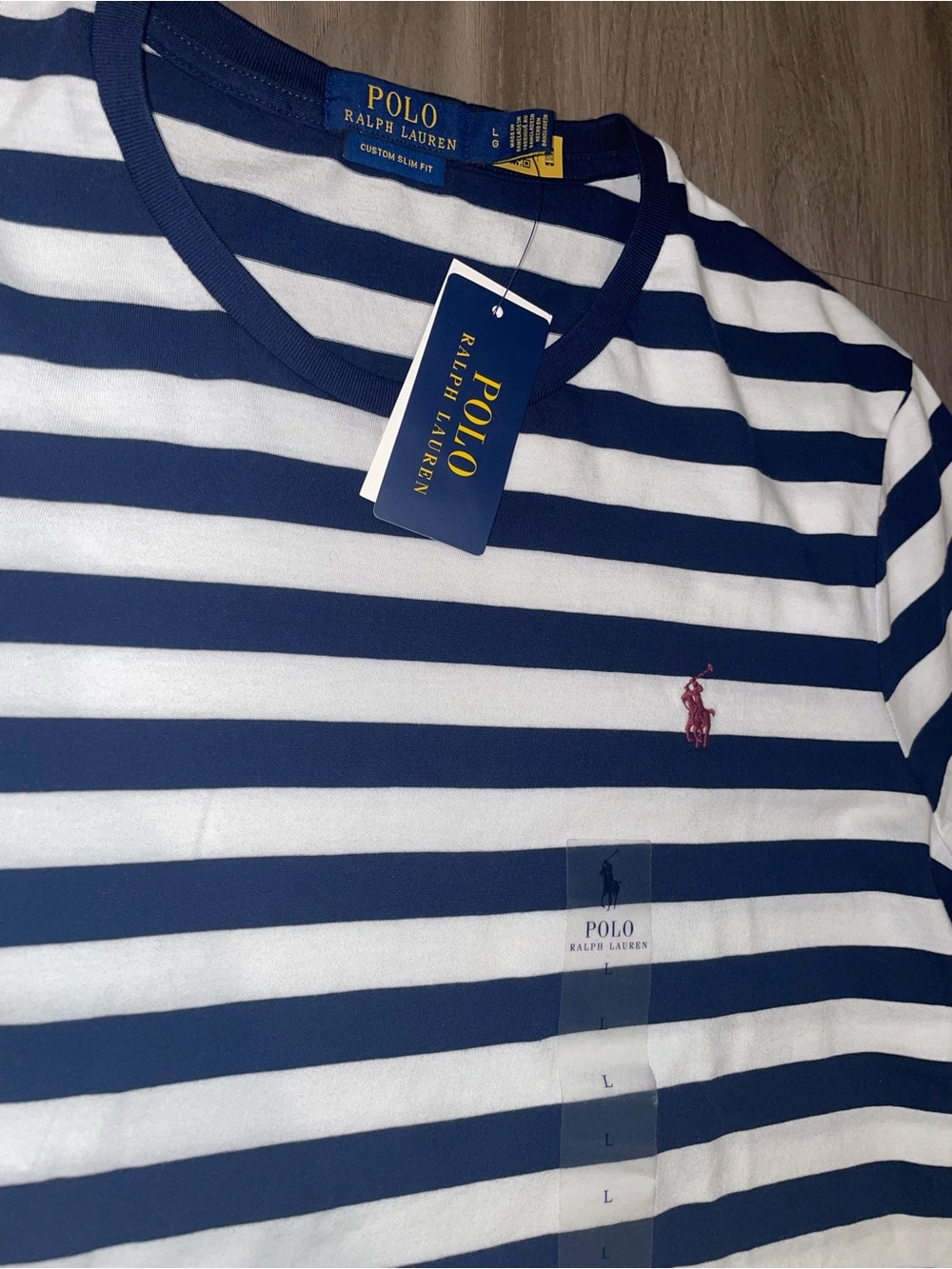 New Men’s Polo by Ralph Lauren Navy & White Striped Crewneck T-Shirt — Size L - Picture 2 of 5